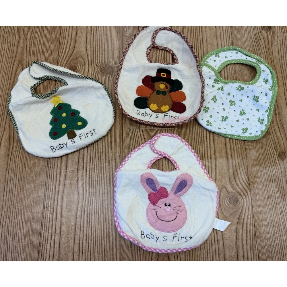 Vtg Lot of 4 Holiday Baby Bibs Birthday‎ Thanksgiving Christmas Easter St Pats